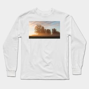 Misty meadow landscape sunrise Long Sleeve T-Shirt